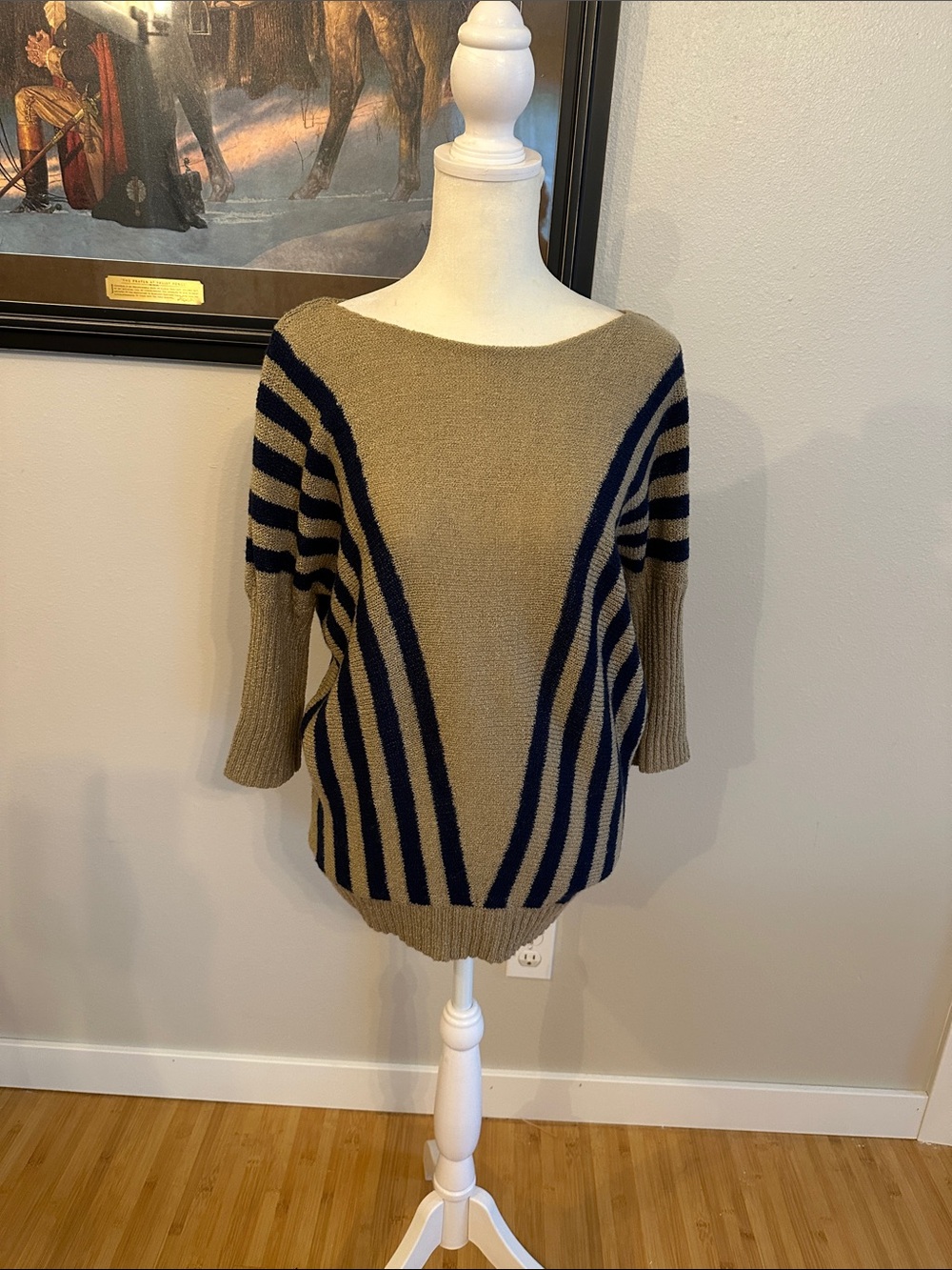 Off-the-Shoulder Striped Knit Sweater in Tan and Navy